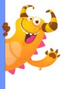 Cute Little Monster Cartoon Character Holding A Blank Sign. Royalty Free Stock Photo