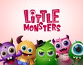 Cute little monsters 3d realistic characters vector background template. Little monsters text Royalty Free Stock Photo