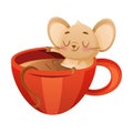 Cute little mouse bathing in cup of tea. Adorable funny baby animal character cartoon vector illustration