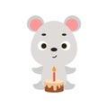 Cute little mouse with birthday cake on white background. Cartoon animal character for kids cards, baby shower Royalty Free Stock Photo