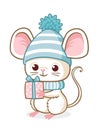 Cute little mouse in a blue Christmas hat is holding a Christmas present. Vector illustration with animal rodent Royalty Free Stock Photo