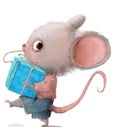 cute little mouse character with blue present box