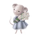 Cute little mouse with chamomiles, hand drawn children`s illustration, watercolor clipart Royalty Free Stock Photo