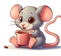 Cute little mouse drinks coffee from a mug, the joy of drinking morning coffee, funny cartoon illustration