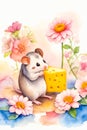 Cute little mouse eating cheese, in watercolor art style. With copy space Royalty Free Stock Photo