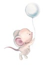 Cute little mouse flies in a balloon. Cartoon 2020 illustrations Royalty Free Stock Photo