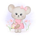 Cute little mouse with flowers in basket Royalty Free Stock Photo