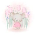 Cute little mouse  and flowers, cartoon animal watercolor illustration Royalty Free Stock Photo