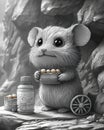 Adorable Fluffy Mouse with Food and Wagon Wheel Royalty Free Stock Photo