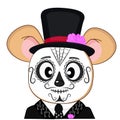 A cute little mouse in makeup for the Mexican Day of the Dead, in a bowler hat and suit. Halloween costume