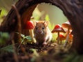 Cute Little Mouse in a Mushroom-Filled Forest