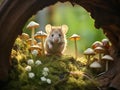 Cute Little Mouse in a Mushroom-Filled Forest