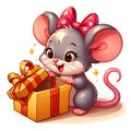 Cute little mouse opening a box with a gift, Christmas funny cartoon illustration