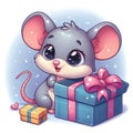 Cute little mouse opening a box with a gift, Christmas cartoon illustration