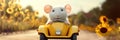a cute little mouse rides in a car with sunflowers. banner