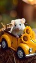 a cute little mouse rides in a car with sunflowers. greeting card