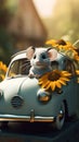 a cute little mouse rides in a car with sunflowers. greeting card