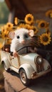 a cute little mouse rides in a car with sunflowers. greeting card