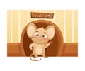 Cute little mouse standing on doorstep of mink. Adorable funny baby animal character cartoon vector illustration Royalty Free Stock Photo