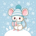 Cute little mouse in a winter hat stands on a snowdrift and holds a surprise in his hand