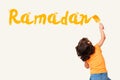 Cute little Muslim girl drawing Ramadan