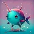 Cute little narwhal vivid color background. Cartoon style marine animal illustration, generative AI