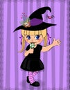 Cute little cute naughty baby girl in witch dress costume and lollipop