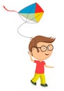 Cute little nerd boy with glasses playing with colorful kite