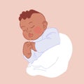 Cute little newborn black baby boy or girl in a striped t-shirt is sleeping. Soft pillow. Bedtime. Sleep expert emblem Royalty Free Stock Photo