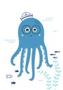 Cute little octopus with glasses. Childish print for nursery. Sweet sea animal. Vector.