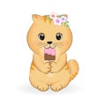 Cute little Orange Cat eating ice cream animal illustration Royalty Free Stock Photo