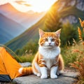 A cute little orange cat who likes to sit in front of a when camping on and spend