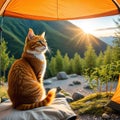 A cute little orange cat who likes to sit in front of a when camping on and spend