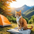 A cute little orange cat who likes to sit in front of a when camping on and spend