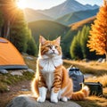 A cute little orange cat who likes to sit in front of a when camping on and spend