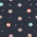 Cute little owls seamless pattern. Adorable night birds with stars on dark background. - Vector