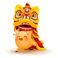 Cute little Ox with Chinese New Year Lion Dance Head.