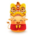 Cute little Ox with Chinese New Year Lion Dance Head.