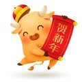 Cute little Ox with Chinese scroll