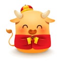 Cute little Ox with traditional Chinese costume greeting Gong Xi