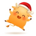 Cute little Ox wearing a Christmas Santa Red Cap jump Royalty Free Stock Photo