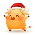 Cute little Ox wearing a Christmas Santa Red Cap with open arm Royalty Free Stock Photo