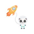 Cute little panda astronaut flying in open space. Graphic element for childrens book, album, scrapbook, postcard, invitation Royalty Free Stock Photo