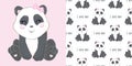 Cute Little Panda Bear with Hearts and dots Vector Illustration for Kids. Love Seamless Childish Pattern with Kawaii Baby Animals Royalty Free Stock Photo