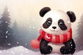 cute little panda bear with red scarf on winter backgroud AI generated