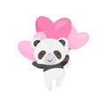 Cute little panda flying with pink heart-shaped balloons. Funny black and white bamboo bear. Flat vector design Royalty Free Stock Photo