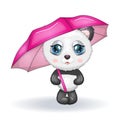 Cute little panda with pink bamboo umbrella. Cartoon Royalty Free Stock Photo