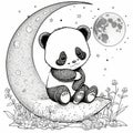 A cute little panda sitting on a half moon children coloring book image generative AI Royalty Free Stock Photo