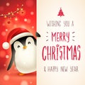 Cute little Penguin with big signboard. Merry Christmas calligraphy lettering design.