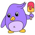 Cute little penguin is carrying an ice cream stick, doodle icon image kawaii